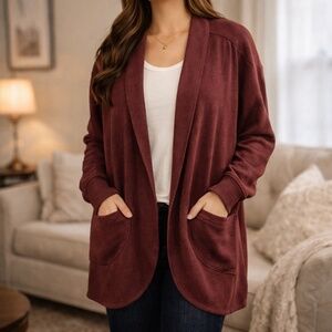 Eddie Bauer Burgundy Cotton Fleece Wrap Cardigan Open Front L